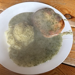 A steaming plate of Pie and Mash at B.J's